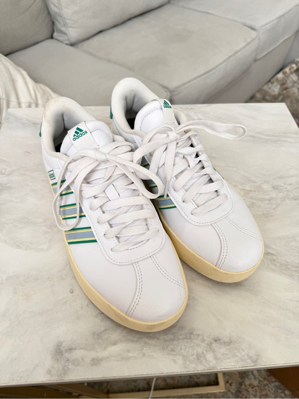 adidas White Sneakers with Green, Aqua & Yellow Stripe Details